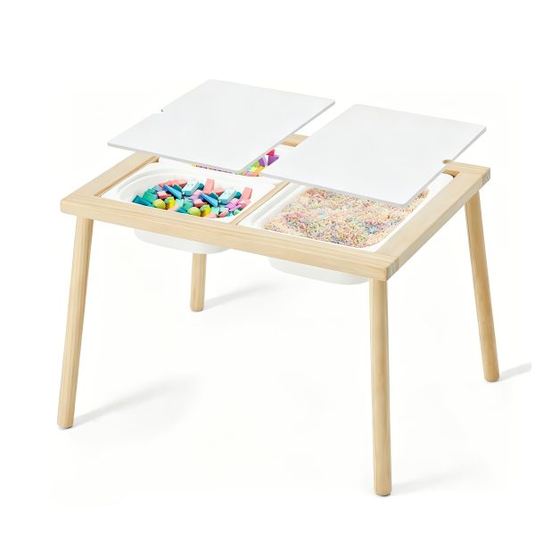 Kids Sensory Table with 3 Storage Bins, Solid Pine Wood Activity Table, Double-Sided Drawing & Play Surface, Sand And Water Play Table for Toddlers, Indoor Outdoor Learning & Craft Table