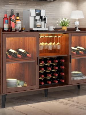 Coffee Bar Cabinet With Wine Racks, Wine Bar Cabinet With Glass Holders, Kitchen Buffet Sideboard With Adjustable Storage Shelves, Freestanding Liquor Cabinet For Kitchen, Living Room, Dining Room