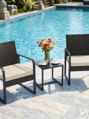 Bezseller 3pcs Outdoor Furniture Set, Rattan Bistro Set with Coffee Table, Sturdy Steel Frame with Cushions for Garden, Balcony, Poolside, And Backyard