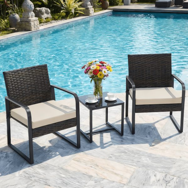 Bezseller 3pcs Outdoor Furniture Set, Rattan Bistro Set with Coffee Table, Sturdy Steel Frame with Cushions for Garden, Balcony, Poolside, And Backyard