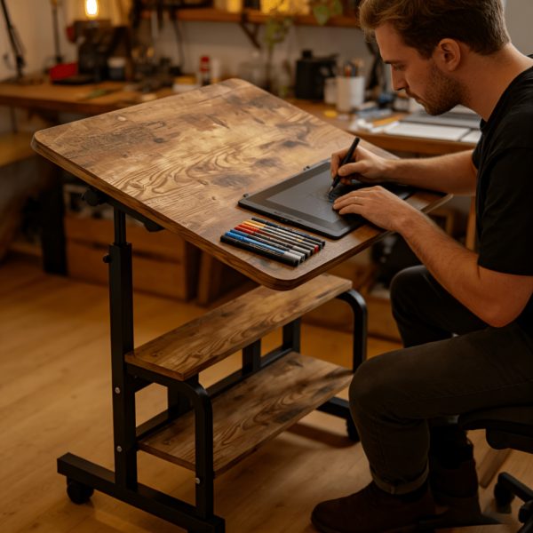 product-fancy-4d388e0a-1c1b-4040-95dc-5d9e5efeef61 Portable Height Adjustable for artist Desk, Natural Wood Grain Surface with Anti-Slip Edge, Sturdy Metal Frame And Smooth Wheels, 2-Tier Storage for Art Supplies, Perfect for Drawing Painting Creation