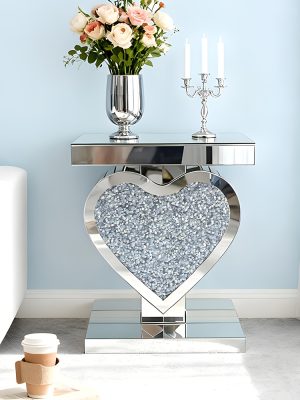 Crushed Diamond Silvery Mirror Base Heart Shaped Side Table, Mirror Finish Decorative Table for Bedroom, Entryway, Living Room.Small Mirrored Coffee Table