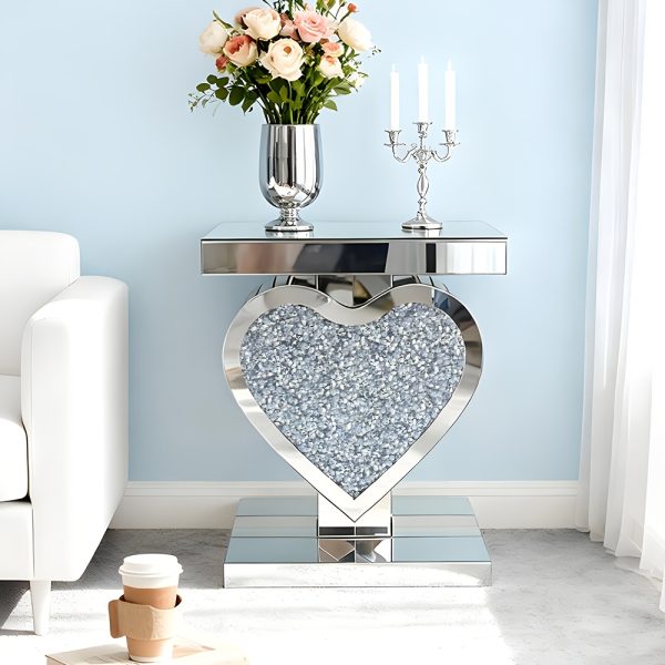 product-fancy-4d529fb3-e487-47ee-b628-a1ed1414212c Crushed Diamond Silvery Mirror Base Heart Shaped Side Table, Mirror Finish Decorative Table for Bedroom, Entryway, Living Room.Small Mirrored Coffee Table