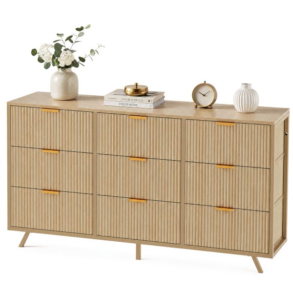 Bedroom Dresser with 9 Drawers, 57" Wide Modern Chest of Drawers, Wooden Dresser TV Stand, Wood Closet Clothes Storage Organizer for Living Room, Hallway, Natural Oak