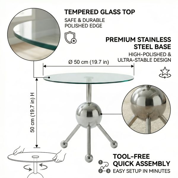 product-fancy-4d99e169-e55c-4d8c-8bd6-daa61a97b46e Sumdeal Modern Round Glass Side Table - 19.7" Stainless Steel End Table with Chrome Sphere Base - Small Tempered Glass Coffee Table for Living Room, Bedroom, & Bedside - Tool-Free Assembly(Silvery)