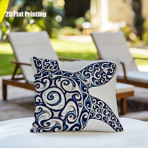 product-fancy-4dc7903c-b6e7-4feb-a691-db3c333ac57c 1pc Turtle Print Cushion Cover Suitable for Outdoor Indoor Use, 18x18 Inch Square Pillow Case with Zipper Closure, Blue White Gray Marine-Themed Decorative Cover for Garden Sofa Bed, Machine Washable Turtle Shell, 2D Flat