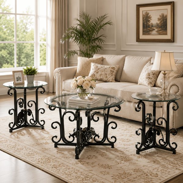 product-fancy-4df3f6c8-0a15-4993-8882-f2ba2b499070 3pcs Round Glass Coffee Table Set, Tempered Glass Top with Black Metal Frame, Modern Living Room Furniture Set with 1 Coffee Table & 2 End Tables for Apartment Small Spaces