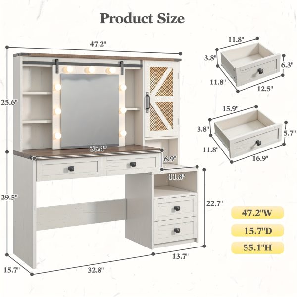 product-fancy-4ef27d79-3e01-43ba-8401-252142af16d6 47.2"W Farmhouse Vanity Makeup Vanity Desk with Mirror And Lights, Vanity Table with 4 Drawers & Shelves Big Makeup Desk with Charging Station for Bedroom, Dark Rustic Oak (Stool Not Included)