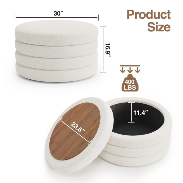 product-fancy-4f01792f-8462-45d1-87d4-213c00e0c7a0 30 Inch Round Ottoman Coffee Table with Storage & Sherpa Top - Large Multi-Functional Modern Footrest Suitable for Couch, Cream White Frame/Plywood Base Furniture for Living Room, Space-Saving Tray Table for Small Spaces