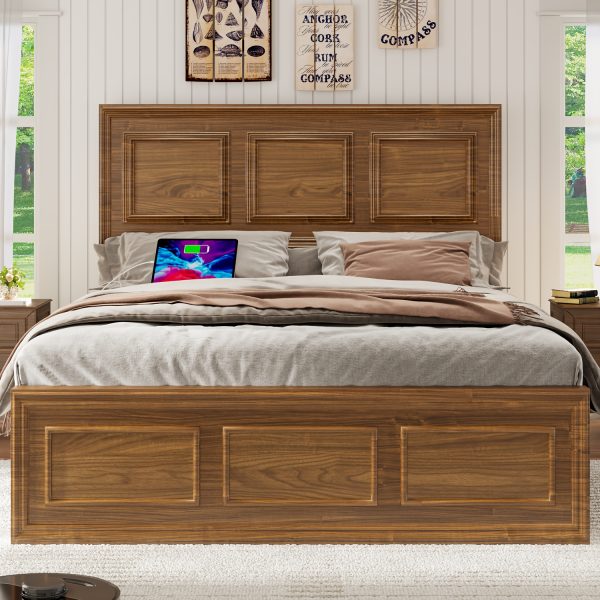 Brown and White Farmhouse Style Platform Bed Frame with Height Adjustable Headboard