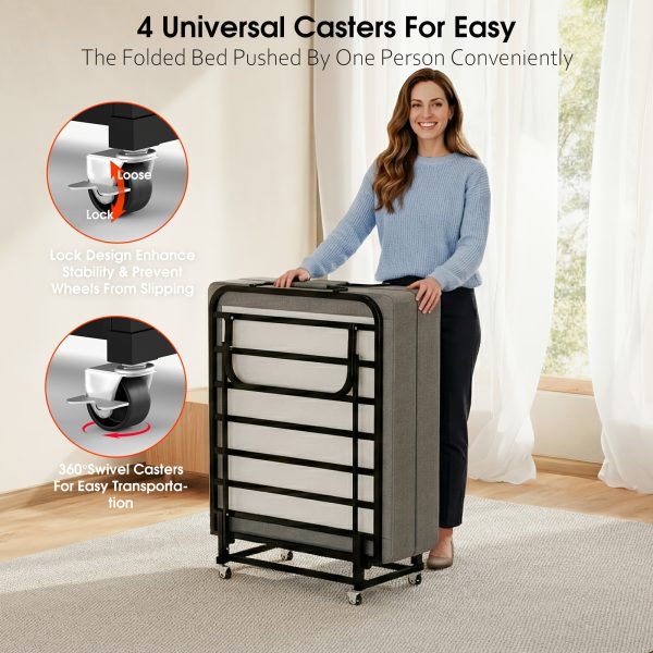 Twin Size Folding Bed with 3" Memory Foam Mattress, Foldable Roll Away Guest Bed for Adults, Sturdy Metal Platform Bed with Wheels, Space-Saving Design for Easy Storage, Portable Bed for Bedroom, Office & Apartments, 75''x31''