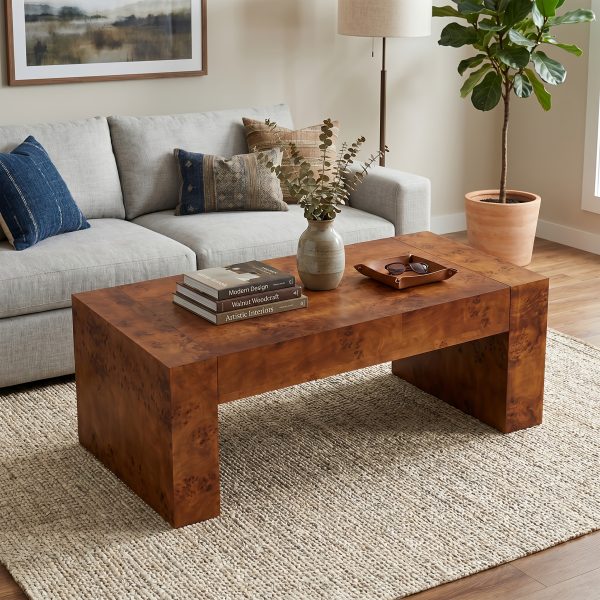 product-fancy-50931241-455e-48c4-b2c9-7c450d26ad0a Modern Burl Wood Finish Coffee Table Suitable for Living Spaces, Minimalist Rectangular Center Table with Brushed Block Legs & Density Board Top, Sturdy /Outdoor Furniture for, Balcony, Entryway - Assembly