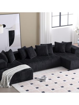 131'' Modular Sectional Couch, U-shaped Sofa, Chaise Lounge, Striped Fabric, Upholstered 4 Seater Couch for Living Room, Bedroom, Free Combination Sofa (Corduroy), Gray