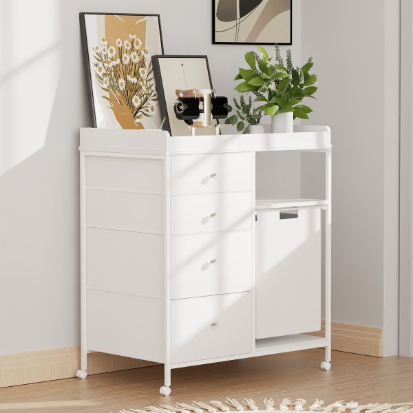 product-fancy-50c64df2-2731-4e96-80d5-35a1bf3346be Baby Changing Dresser, 4-Drawer Baby Dresser with Changing Table Top, Diaper Changing Station & Pad, 2 Open Storage Shelves, Mobile Nursery Organizer, White