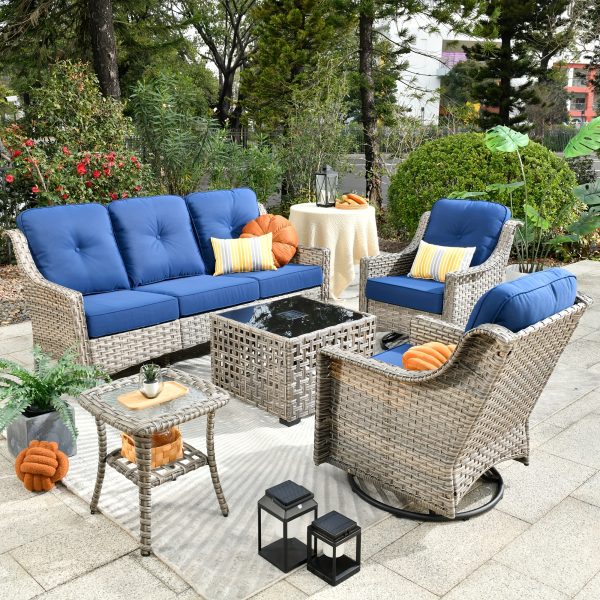 product-fancy-50c84772-6fc5-4915-a6e5-833d8ee85e9c 5pcs Outdoor Patio Furniture Set with 2 Swivel Chairs, 1 Outside Sofa, 1 Side Table and 1 Solar Lighting Glass Coffee Table - All-Weather Wicker Patio Conversation Set Modern Design for Garden, Deck, and Porch Decor