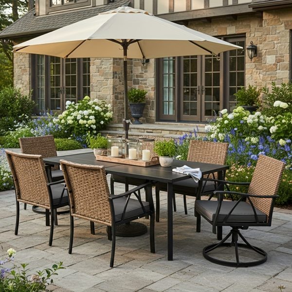product-fancy-50cd0444-39dd-46ac-95f9-f61b8a6ddd95 Andehomy 7pcs Patio Dining Set with 6 Chairs And 1 Table, Outdoor Dining Set with 2 Wicker Swivel Patio Dining Chairs with Cushions & Black, Rectangular Woodgrain Metal Dining Table with 1.75" Umbrella Hole, Black & Brown