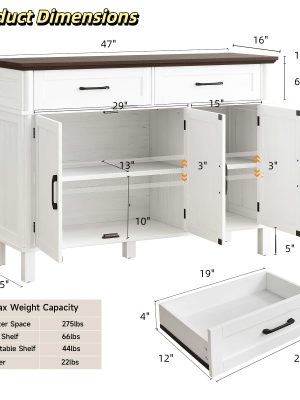 Farmhouse 48 Inch Buffet Cabinet with Storage, 48 Inch Sideboard with 2 Drawers And 3 Doors - Wood Coffee Bar Cabinet with Adjustable Shelves for Kitchen, Dining Room, Living Room