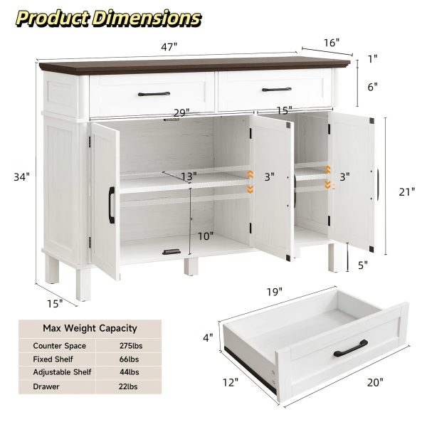 product-fancy-518d2933-d0ea-4f29-b490-8585866ad7a0 Farmhouse 48 Inch Buffet Cabinet with Storage, 48 Inch Sideboard with 2 Drawers And 3 Doors - Wood Coffee Bar Cabinet with Adjustable Shelves for Kitchen, Dining Room, Living Room