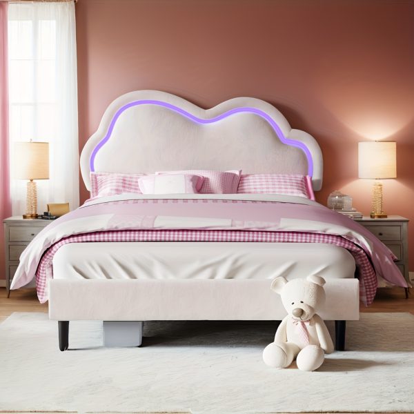 product-fancy-519935ae-d88a-43ca-ab75-6010b239347b LUXOAK LED Velvet Platform Bed Featuring an Adjustable Cloud Headboard - No Box Spring Needed, Easy Assembly