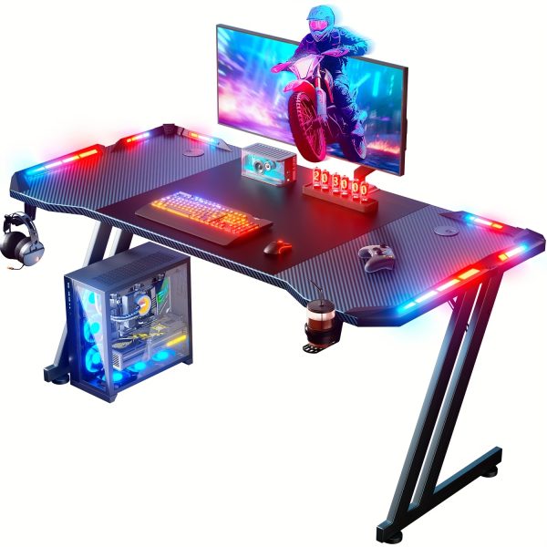 product-fancy-51aa5db3-ca27-4d7b-8b90-3a905d1db955 HOME DESK Gaming Desk With LED Lights Carbon Fibre Surface Gaming Table Large Computer Desk Ergonomic Home Office Desks Z Shaped PC Gamer Workstations With Headphone Hook & Cup Holder