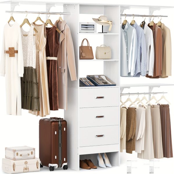product-fancy-51ac593f-173f-4071-a6cc-7853b5120718 Closet System with Drawer - 8ft Wood Closet Organizer System with 3 Hanging Rods And Shelving Tower, 96" Walk In Closet Organizer Wardrobe, Heavy Duty Garment Rack Clothes Rack