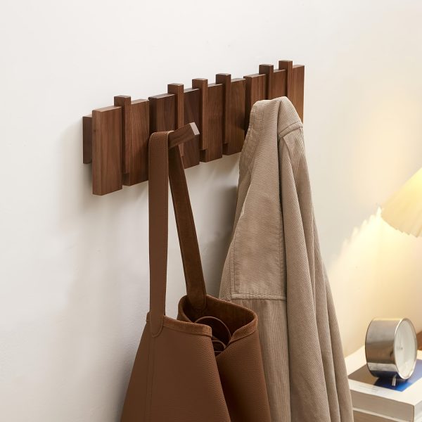 Modern Walnut Wooden, with 4/6/8/10/12 Hooks, Coat Rack, Hooks, Wall Mounted, Accordion, Entryway, Bedroom, Bathroom, Solid Wood, Smooth Polishing, Stable Adhere, Holds 22 Lbs, Floating Shelves