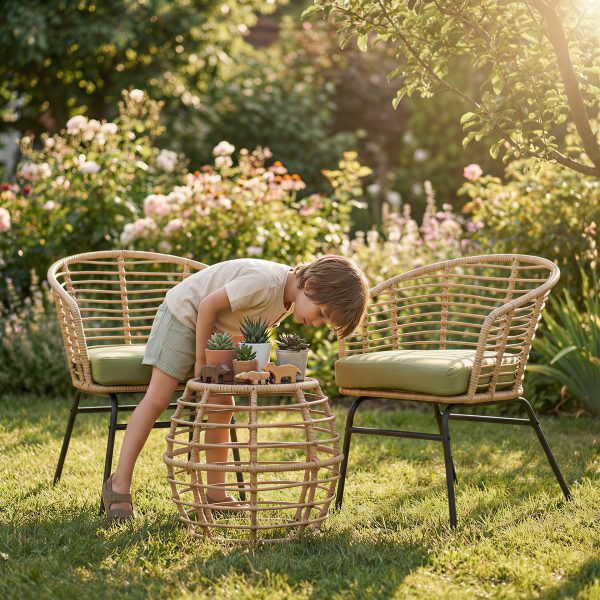 [Outdoor Patio Set] 3pcs All-Weather Outdoor Patio Furniture Set Suitable for Garden, Balcony & Poolside - Metal Frame Wicker Rattan Conversation Set with Cushions & Coffee Table, -Filled Chairs (Green)