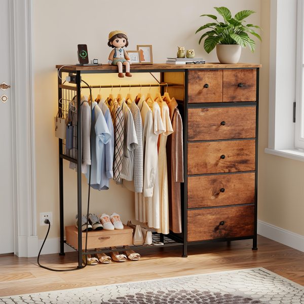 product-fancy-5211b193-b6f4-492c-90f9-548bdc5c008a Dresser with LED Lights And Charging Station for Bedroom - 6-Drawer Fabric Storage Dresser with Hanging Rack, Sturdy Wooden Top, Stable Anti-Tip Design, Perfect for Modern Homes & Apartments
