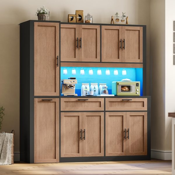 product-fancy-5279c8c9-9a52-4ea8-a32a-1f98b9bdd88d 71 Inch Kitchen Pantry Cabinet with LED Lights And Charging Station, 59 Inch Wide Wooden Storage Cabinet with 2 Drawers, 8 Doors, 3-Tier Storage Cart, And 4 Door Shelves, Pantry Storage Cabinet with Microwave Stand for Dining Room, Black, White