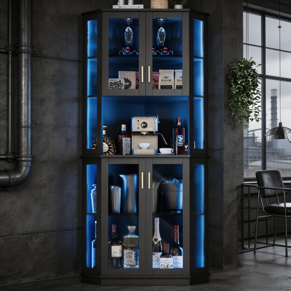 product-fancy-529fc5f4-263b-42a6-9aad-68554c75e7b4 65" Tall Corner Wine Bar Cabinet with LED Lights, 4-Tier Liquor Storage Cabinet with Glass Door, Space Saving Organizer for Living Room & Kitchen (Black/White)