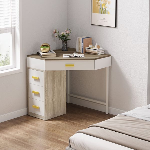 product-fancy-5328a853-a293-4648-b8ce-01810d3d3d9f Triangle Corner Desk, Modern Computer Desk With 3 Drawers, 90-Degree Writing Desk PC Table Makeup Vanity Desk With Storage For Home Office, Living Room, Bedroom (White And Grey)