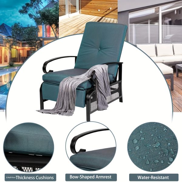 Patio Adjustable Lounge Chair, Waterproof Metal Chaise Longue With Blue Cushions, Perfect For Porch, Backyard, Pool Or Garden