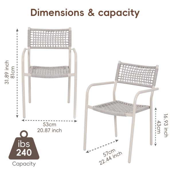 HARAISEDK Patio Dining Chairs Set Of 4/6 Stackable Ergonomic Rattan Armchairs All Weather Powder Coated Metal Frame Garden, Balcony, Poolside White/Gray