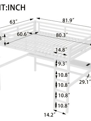 BELLEMAVE Queen Size Heavy-Duty Metal Loft Bed Frame with Built-In Desk, Side Ladder And Full Safety Guardrails, Noise-Reduced Loft Bed, No Box Spring Required, Modern Bedroom Furniture for Small Apartments, Off White