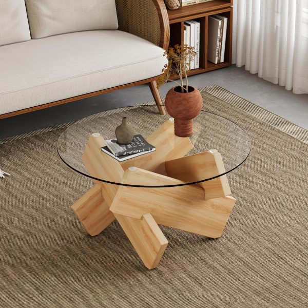 product-fancy-543b67e0-229a-4786-8491-30b654baec72 Modern Round Glass Coffee Table 33.4", Clear Tempered Glass Top with White Patterned MDF Legs, Stable Load Bearing 130 Lbs, Unique Contemporary Center Table for Living Room, Dining Room, Apartment, Easy Assembly In 10-15 Minutes.
