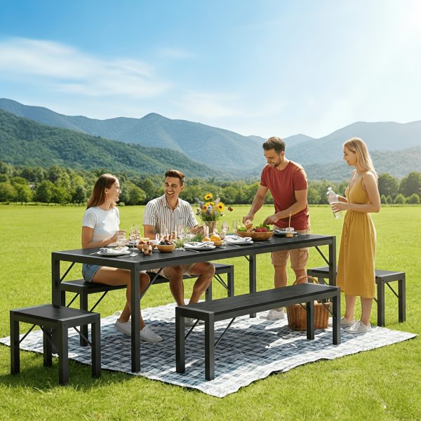 product-fancy-543dbc2d-3452-4b3f-86d9-ddc1a9e3142d Non-Folding 5pcs Indoor & Outdoor Dining Table Set, 6 Seater Patio Kitchen Table with 2 Benches & 2 Stools, Industrial Space-Saving Set for Picnic, Camping, Backyard