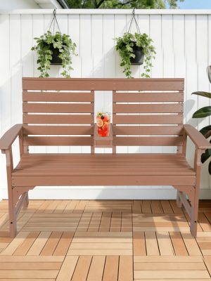 Patio Bench Designed for Two, Featuring Cup Holders And Made from HDPE, Ideal for Gardens And Porches, with Resistance to Fading And Rotting