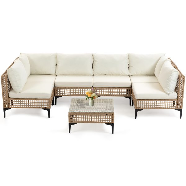 WENTUM 7pcs Outdoor Sectional Sofa Set, Boho Wicker Rattan Patio Furniture with Cushions And Table for Patio, Lawn, Backyard, Porch