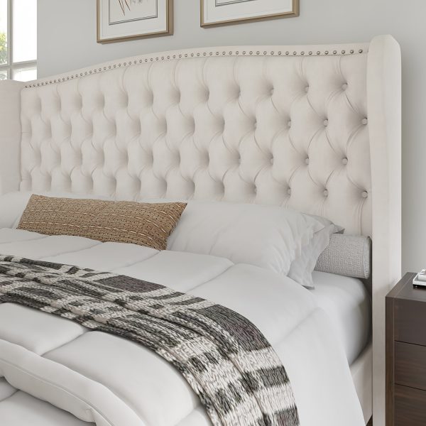 product-fancy-5530f119-4e89-4aeb-93a4-717a96c2e2e6 Handcrafted Velvet Bed Frame Featuring a Wingback Headboard, Adorned with Button Tufting And Nailhead Accents, Supported by Wooden Slats.