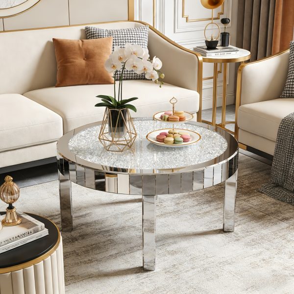 AESOME Glam Silver Mirrored Round Coffee Table Crushed Diamond Accent Side Table With Beveled Glass Edge Modern Center Table For Living Room And Office (31.5" D X (31.5" W X 18.3" H)