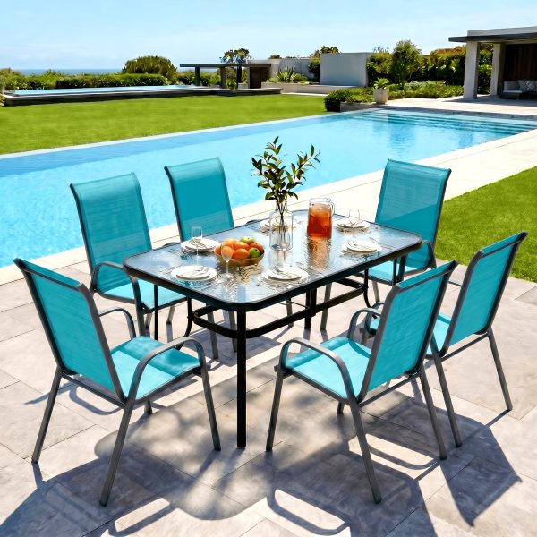 product-fancy-563a794f-019f-4ed2-a9e5-6d7dc41151b9 7pcs Outdoor Dining Table and Chairs for 6 People - Textilene Stackable Patio Furniture with Glass Table & Umbrella Hole Base Suitable for Deck, Poolside,, Backyard - Umbrella Not Included