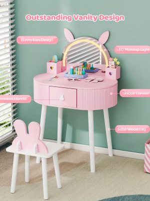 JOYMOR Kids Vanity Set with LED Lights, Girls Vanity Set, with Touch Screen, 3 Colors Adjustment, Solid Wood Leg, Large Drawer, 2 Storage Boxes, Kids Vanity Table and Chair Set, Birthday/Festival Gift for Girls, Animal Style