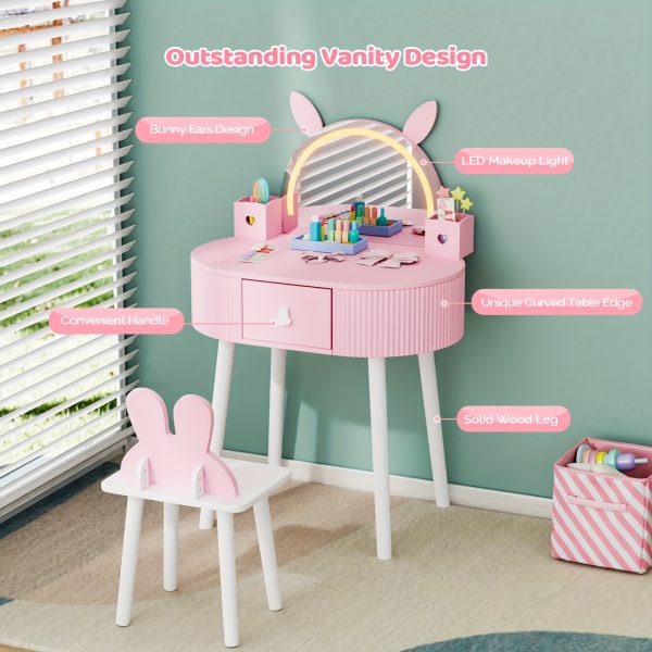 product-fancy-56754be4-a611-4da1-9010-42a74665ea8b JOYMOR Kids Vanity Set with LED Lights, Girls Vanity Set, with Touch Screen, 3 Colors Adjustment, Solid Wood Leg, Large Drawer, 2 Storage Boxes, Kids Vanity Table and Chair Set, Birthday/Festival Gift for Girls, Animal Style