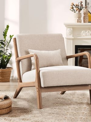 Mid-Century Modern Upholstered Accent Chair with Solid Wood Frame & Extra Pillow, Linen Lounge Reading Armchair for Game & Recreation Room Furniture