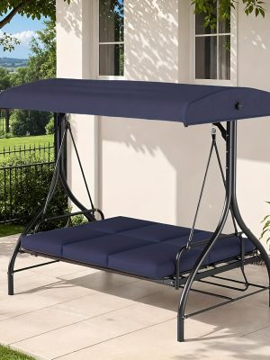 3 Person Patio Porch Swing Outdoor Converting Swing Glider Hammock with Adjustable Canopy, Cushions for Outside Backyard, Garden (Pillow Not Included)