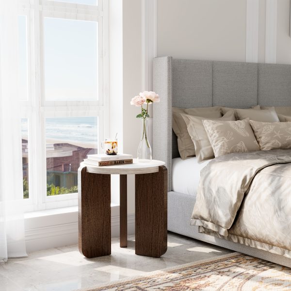 product-fancy-5694b8fb-265f-46f8-b3b6-8f8c9919c319 Brown Marble Look Side Table, Faux Marble MDF End Table for Living Room, Bedroom - Modern Accent Table with Lower Shelf for Couch, Sofa, Small Apartment