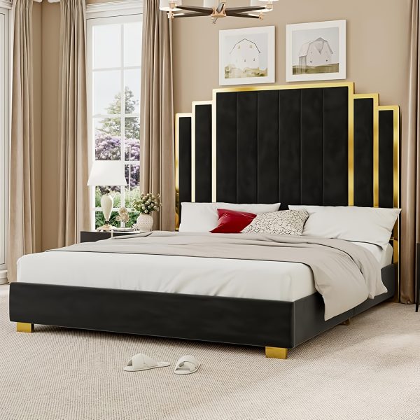 product-fancy-56b24cd6-30c9-4f4c-9305-52fbd632f65a LUXOAK Modern Upholstered Bed Frame with 65" Headboard, Golden Plating Trim, Platform Design - No Box Spring Needed