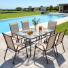 product-fancy-56e59bdc-5aed-4466-9c83-07da07d24481 7pcs Outdoor Dining Table and Chairs for 6 People - Textilene Stackable Patio Furniture with Glass Table & Umbrella Hole Base Suitable for Deck, Poolside,, Backyard - Umbrella Not Included
