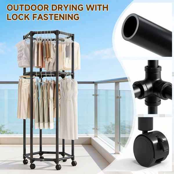 product-fancy-570f5f8f-8fd5-4def-9f7f-5b3e32e767b9 Rotating Clothing Rack with Wheels, Heavy Duty Metal Garment Rack for Hanging Clothes, Multifunctional Rotating Clothing Organizer, Freestanding Closet Organizer for Bedroom, Laundry Room, Space Saving Closet Storage for Coats, Dresses, Pants