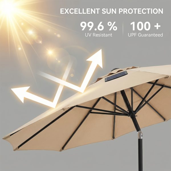 product-fancy-57396575-1e8e-49dc-ac70-cf71cb2cca7e Solar 9ft Market Umbrella with Base, Deluxe 32 LED Lighted Patio Umbrella, Patio Umbrellas Outdoor Table Umbrella with Ventilation, Solar Umbrella with Push Button Tilt/Crank for Garden, Deck, Backyard, And Pool